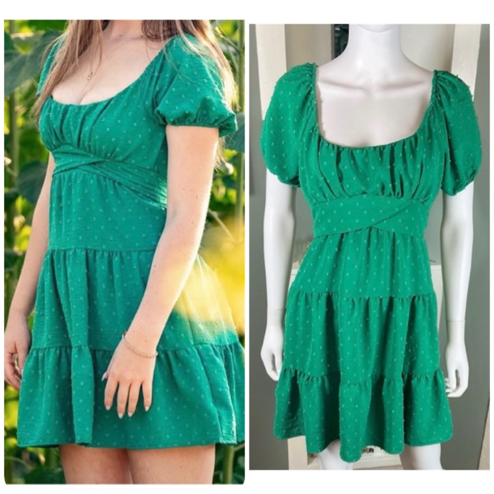 Altar'd State Emerald Green Puff Sleeve Clip Dot Mini Dress Large L Tiered Tier